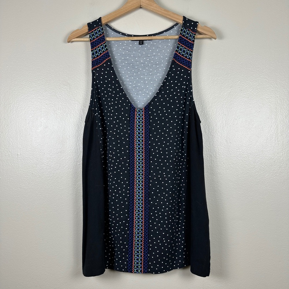 Sanctuary Women's XL Sleeveless Top Black Polka Dot Embroidered Boho